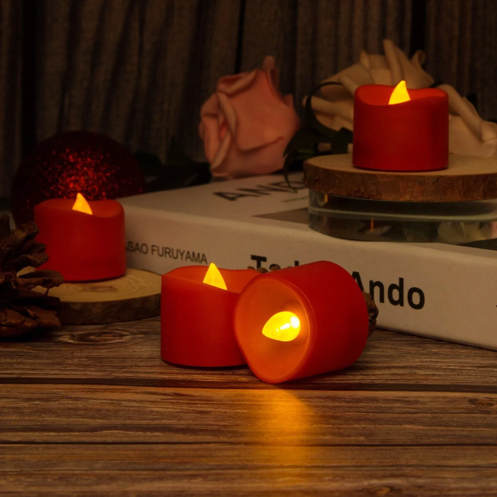 12-Pieces: Amber Yellow LED Tealight Flameless Candles with Timer