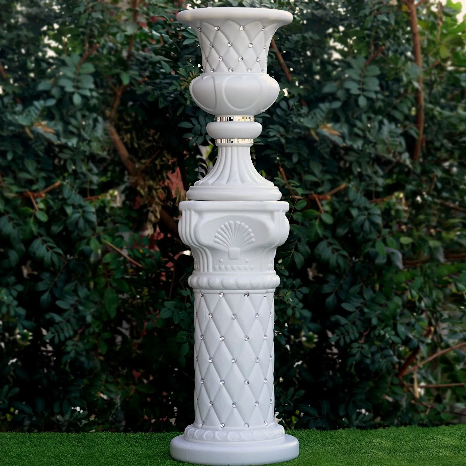 4 PCS 10mm Crystal Studded White Wedding French Columns Plant Stand With Mirror Mosaic  - 25.25"x 10"
