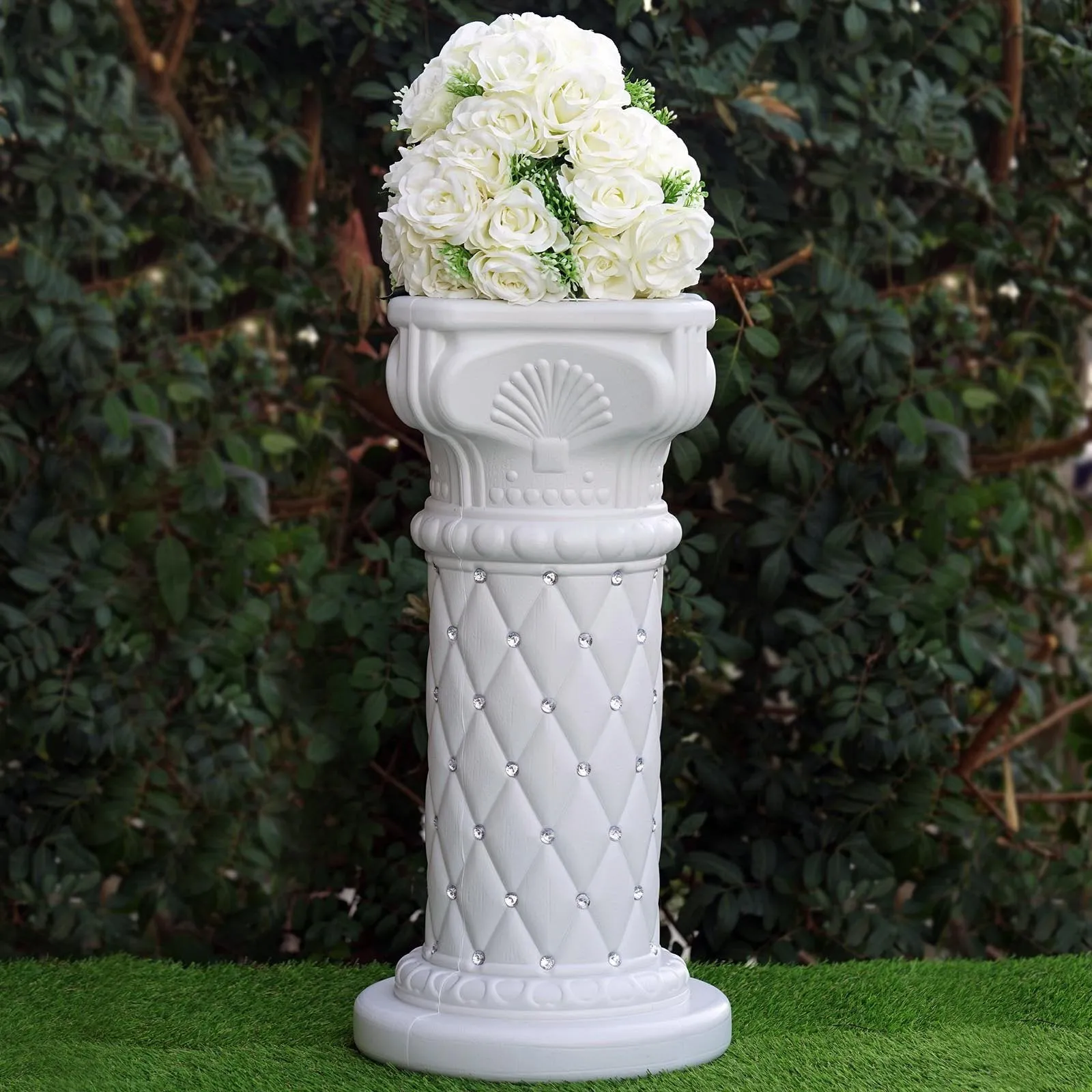 4 PCS 10mm Crystal Studded White Wedding French Columns Plant Stand With Mirror Mosaic  - 25.25"x 10"