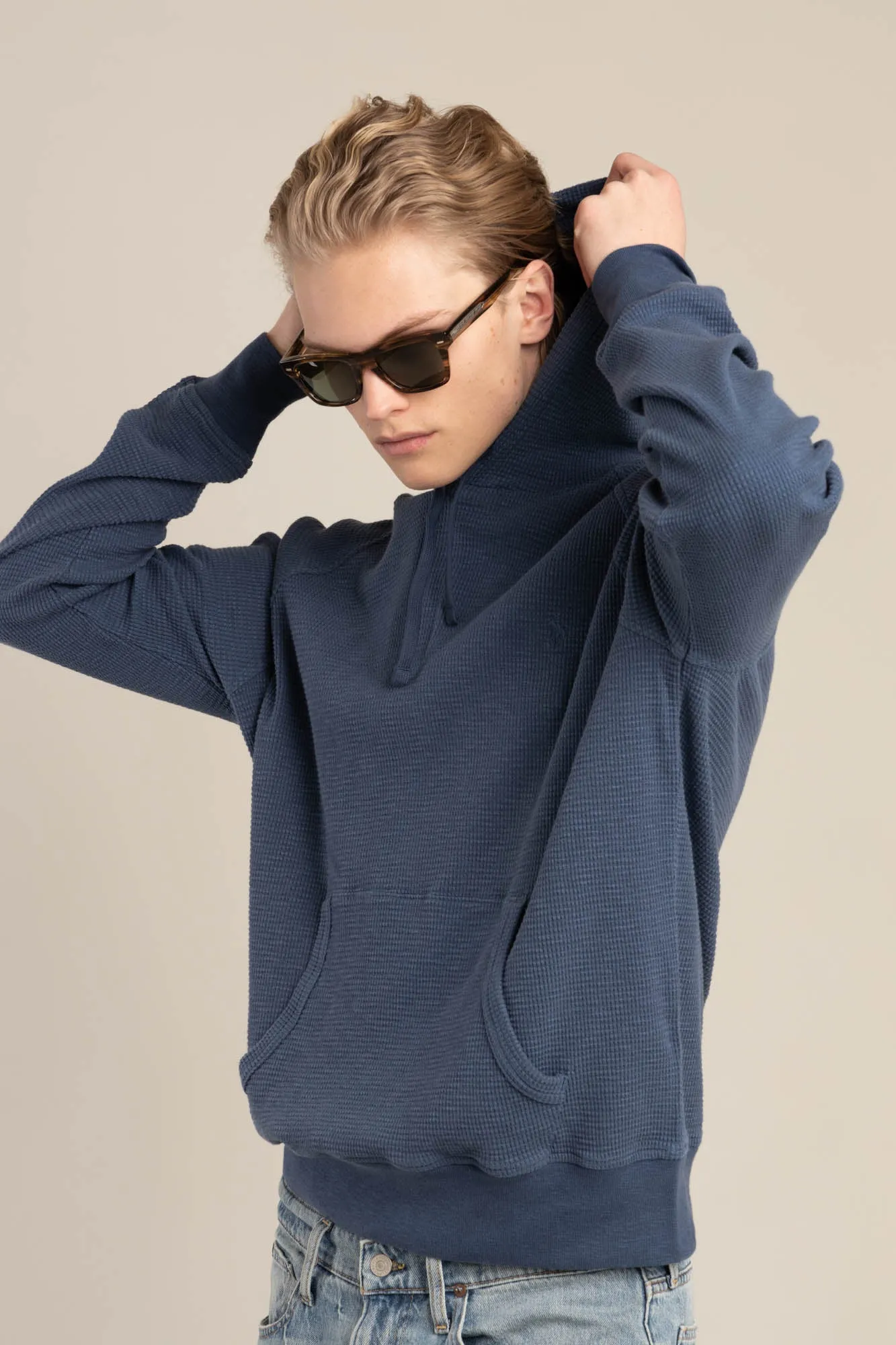 Blue Waffle Knit Hoodie