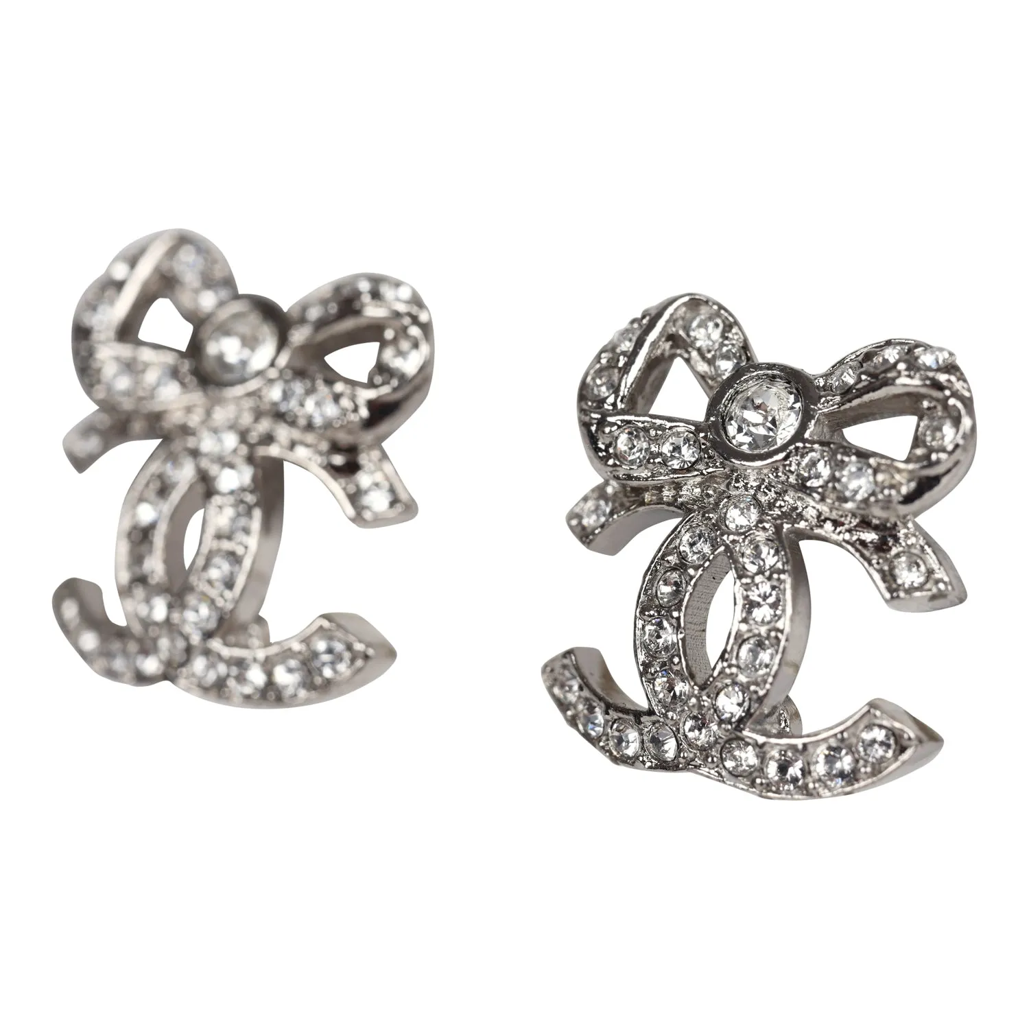Chanel Mini Crystal Bow CC Stud Earrings Silver Hardware