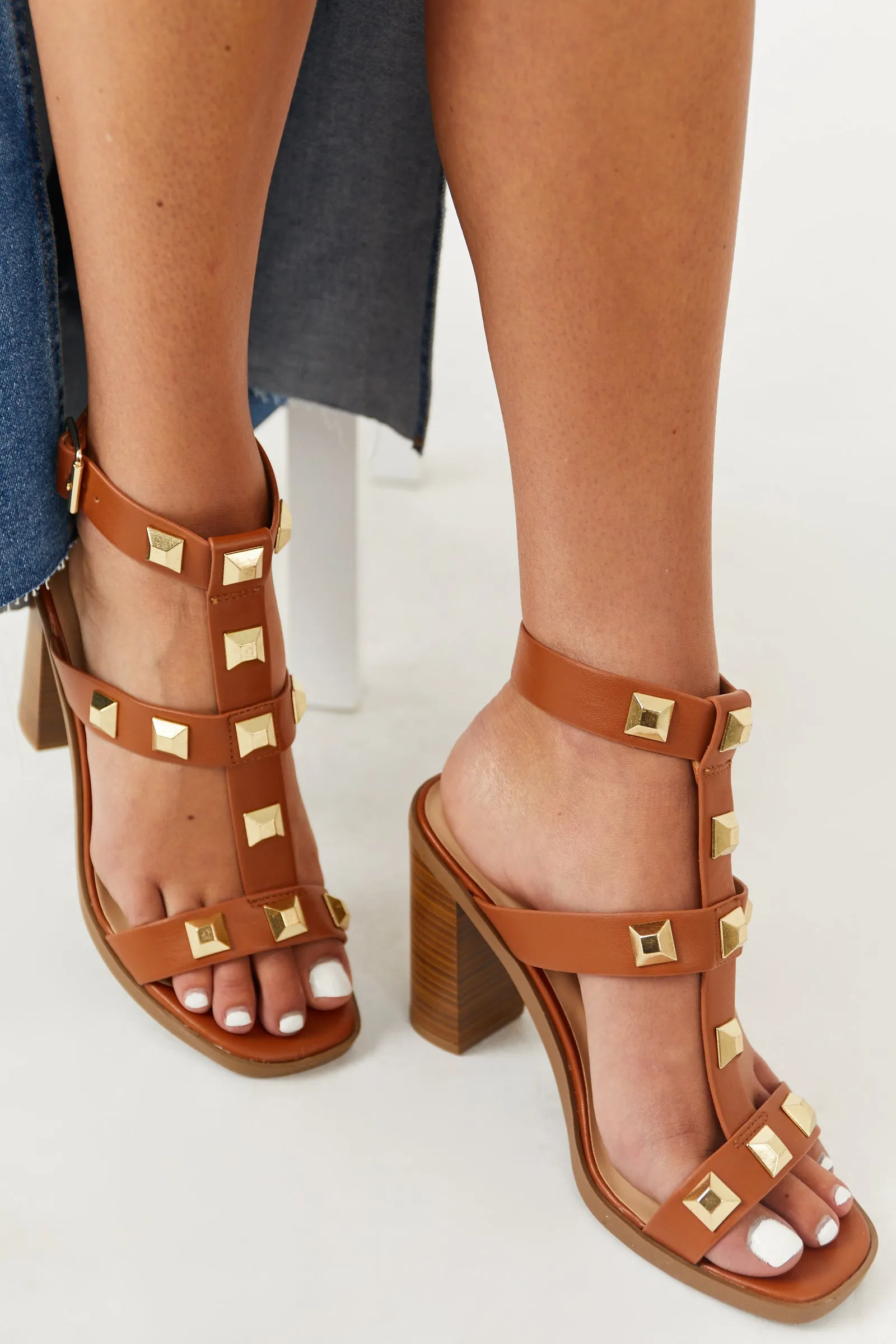 Cognac Thick Strap Gold Studded Heels