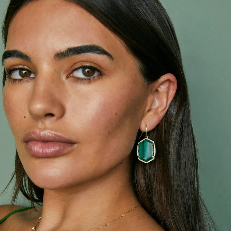 Daphne Pave Frame Drop Earrings in Green Malachite