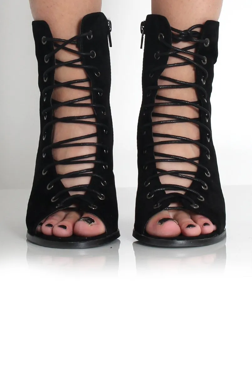 Don Black Suede Lace Up Peep Toe Ankle Boots