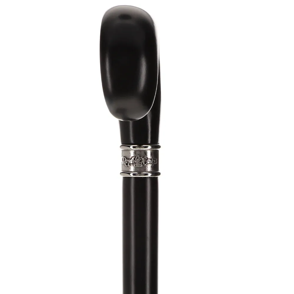 Hand-Specific Black Ergonomic Derby Cane: Silver Collar