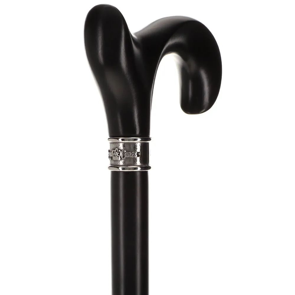 Hand-Specific Black Ergonomic Derby Cane: Silver Collar