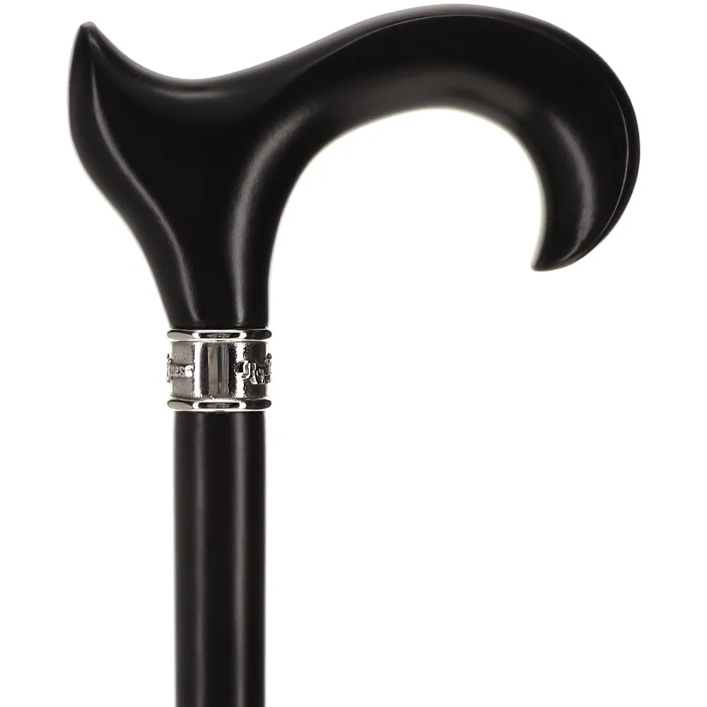 Hand-Specific Black Ergonomic Derby Cane: Silver Collar