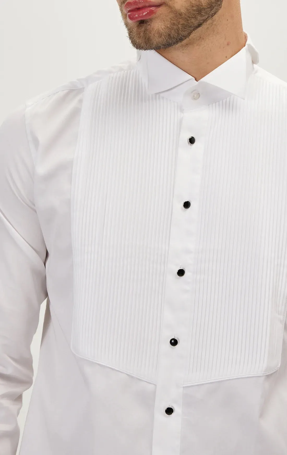 Pleated Wing Tip Collar Tuxedo Shirt- White