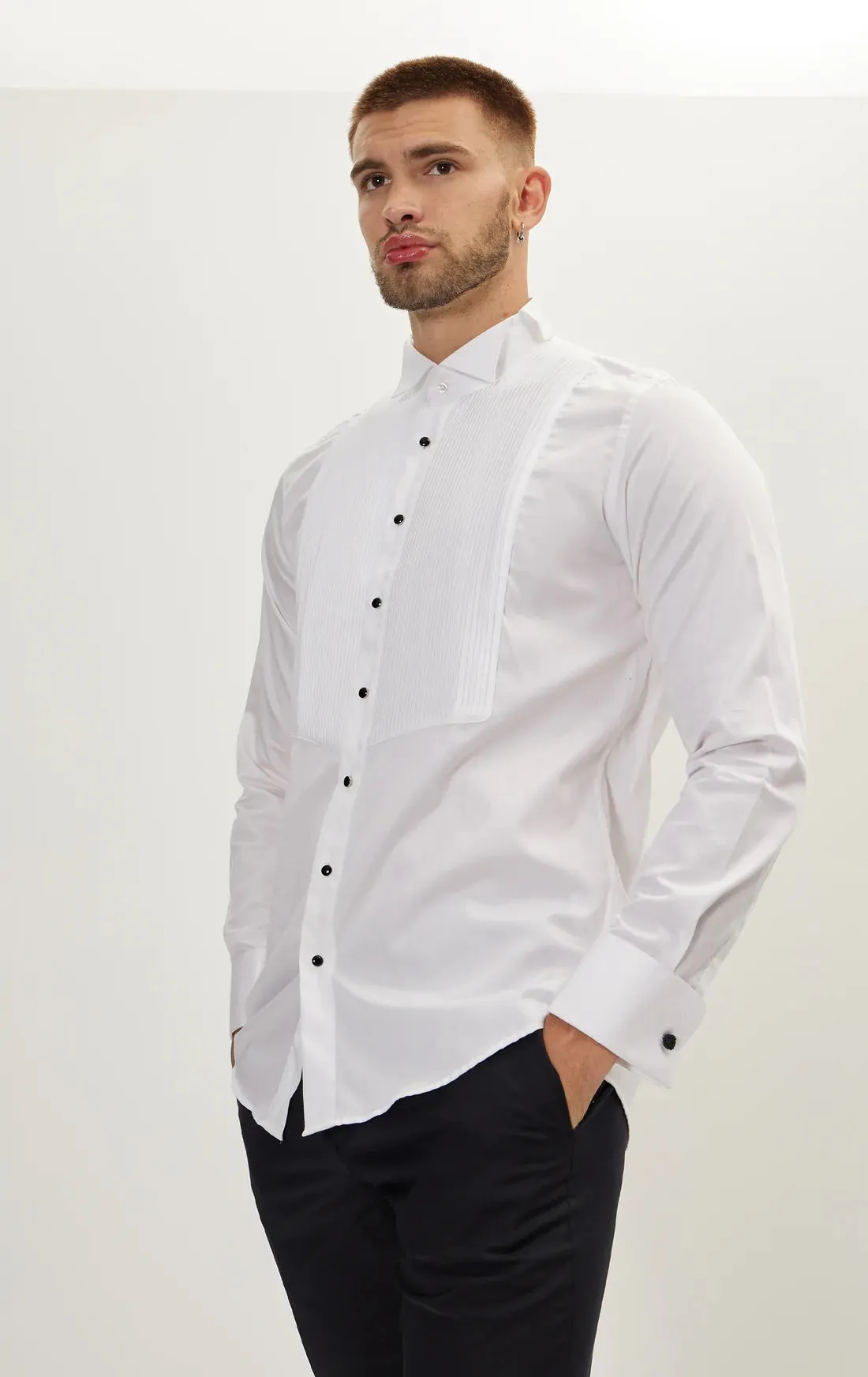 Pleated Wing Tip Collar Tuxedo Shirt- White