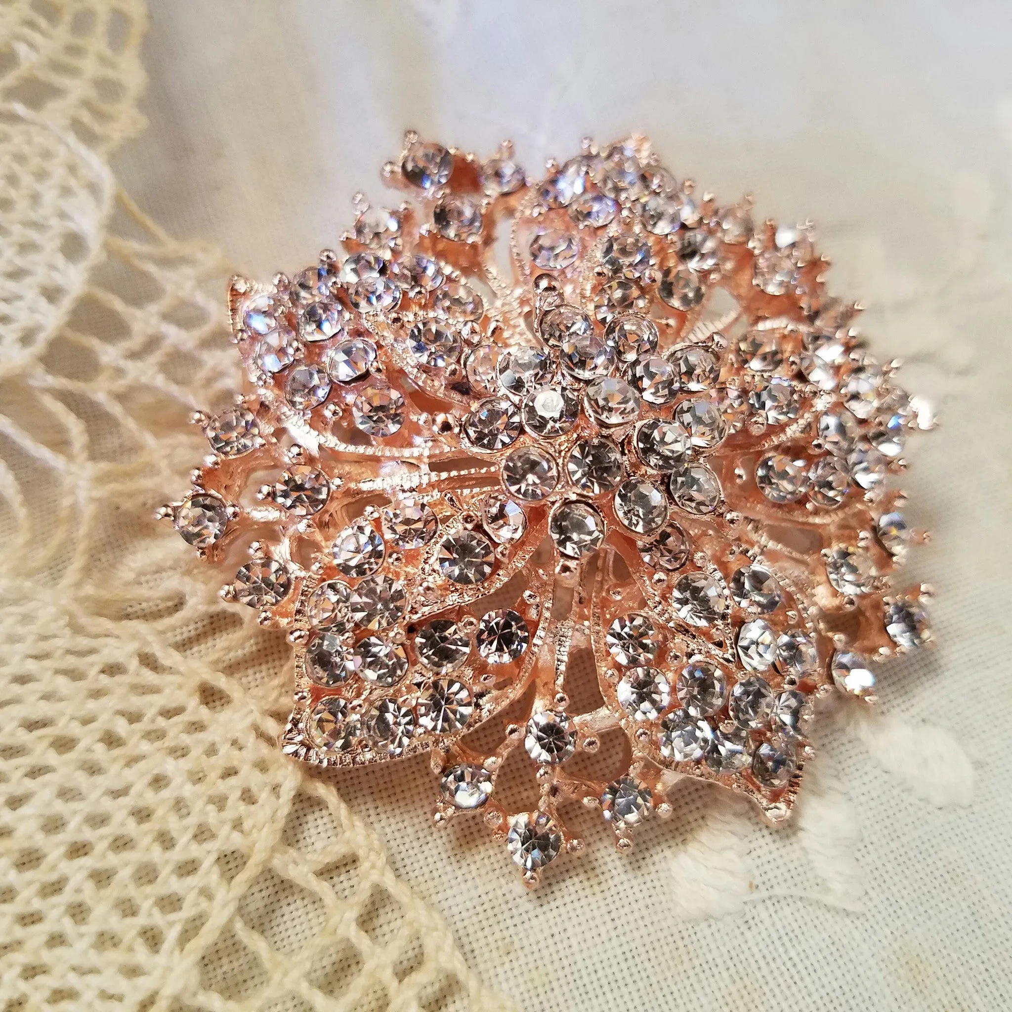 Rose Gold Tone Rhinestone Flower Embellishment or Brooch