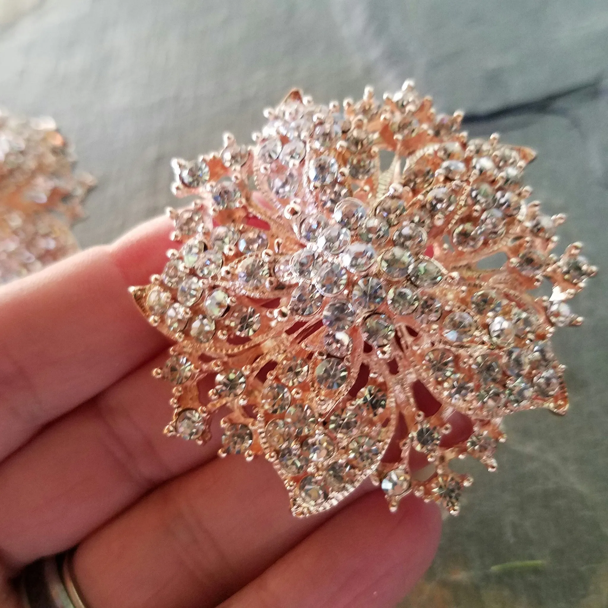 Rose Gold Tone Rhinestone Flower Embellishment or Brooch