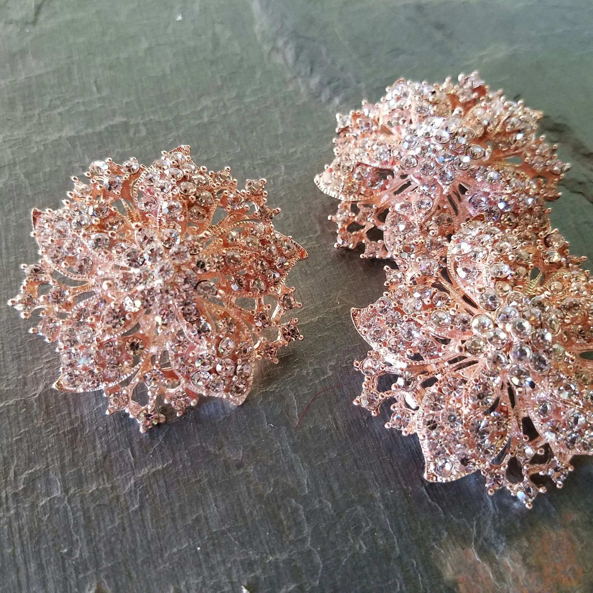 Rose Gold Tone Rhinestone Flower Embellishment or Brooch