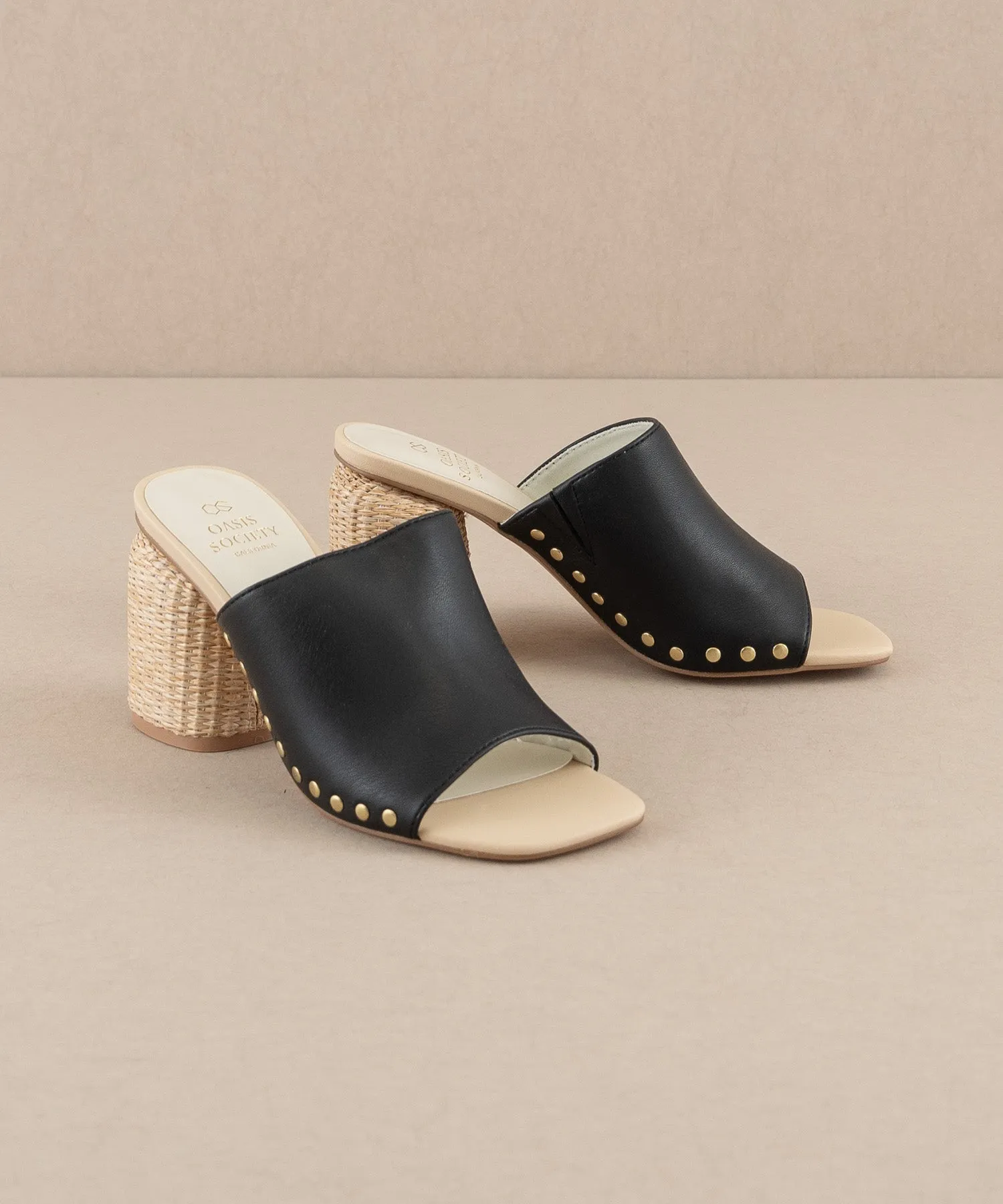 The Serena | Black Studded Raffia Slide Heel
